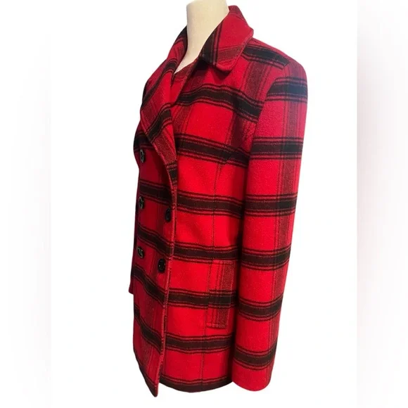 Chadwick’s of Boston Red and Black Plaid Wool Peacoat - Size 6 - Picture 3 of 8